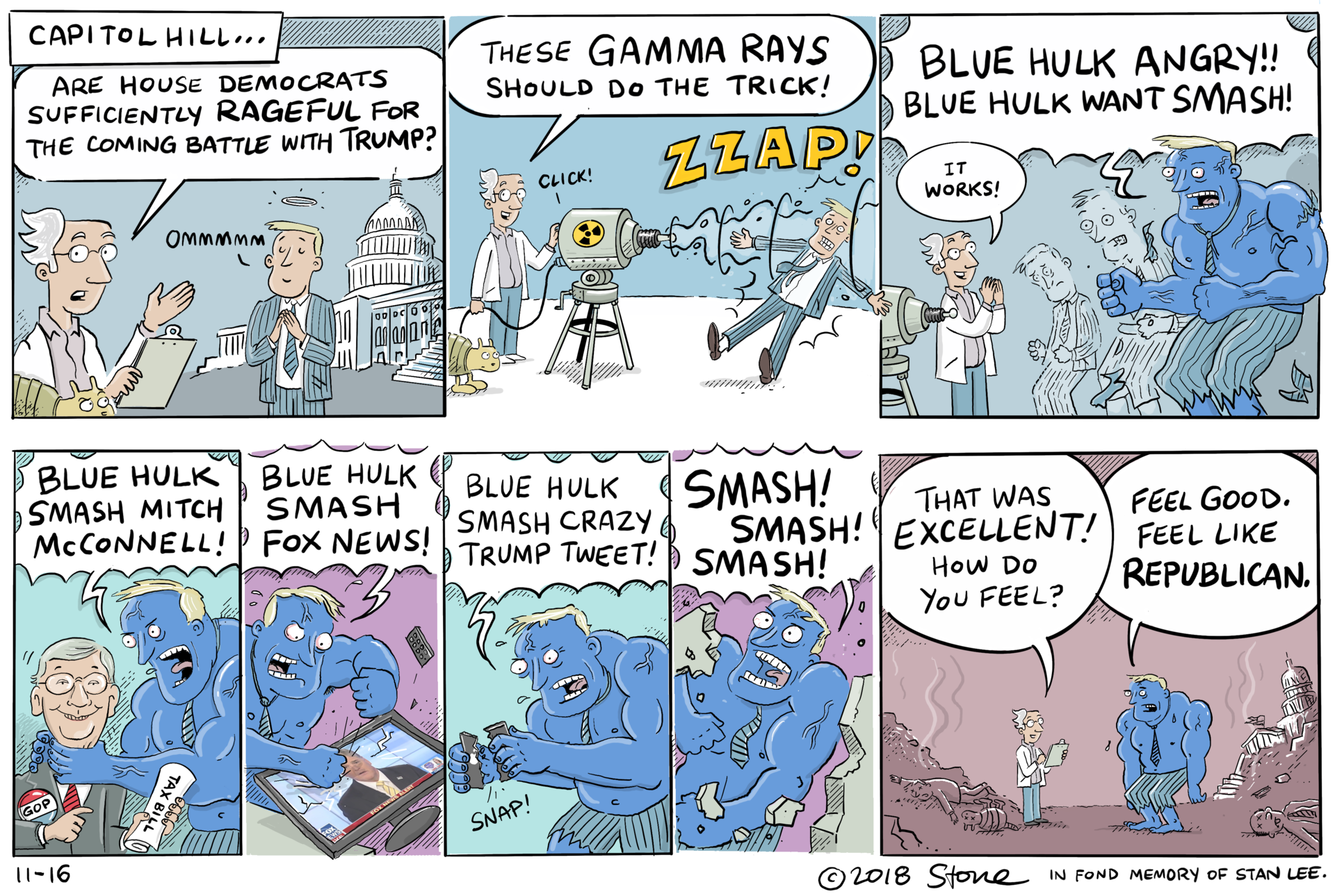 Zeno zaps a Democrat congressman and turns him into the Blue Hulk.