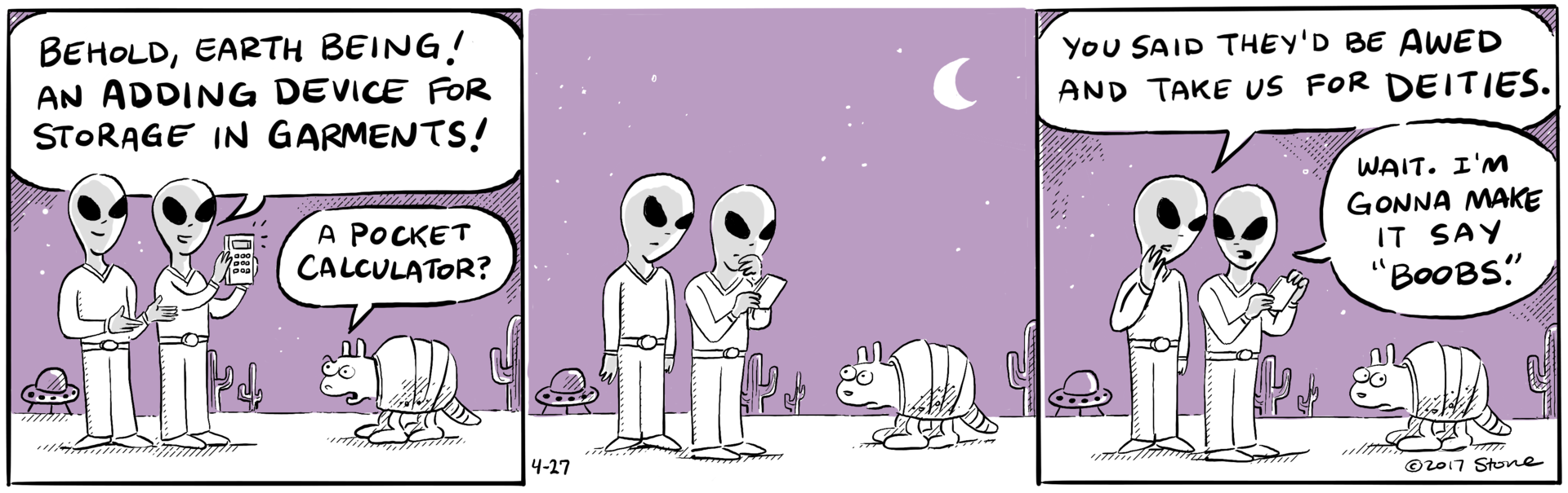 Roswell and Grey, two clueless extraterrestrial visitors, land nearby the lab.